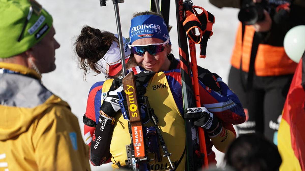 Franziska Preuss and Lou JeanMonnot exchanged for minutes in the target area