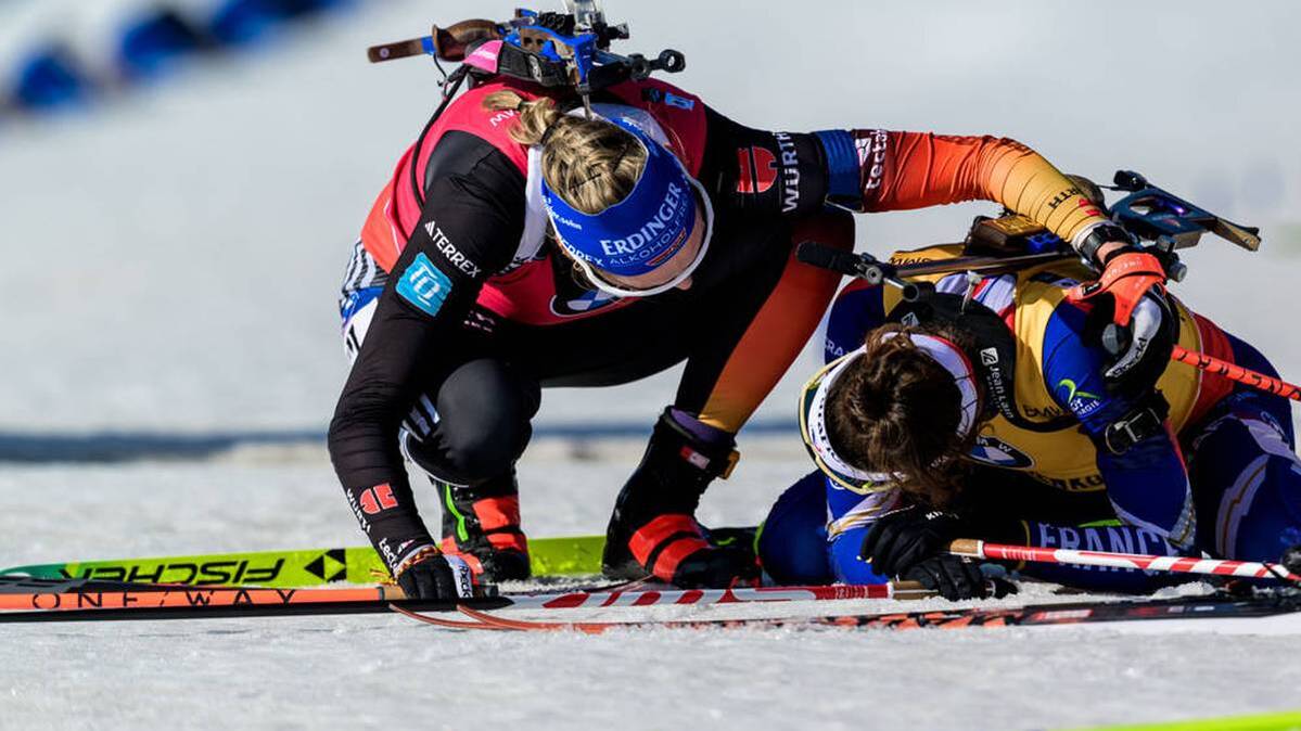 Franziska Preuß comforted Lou JeanMonnot at the finish line