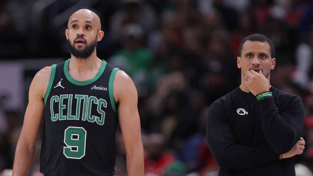 Derrick White (left) and the Boston Celtics are out of the NBA playoffs