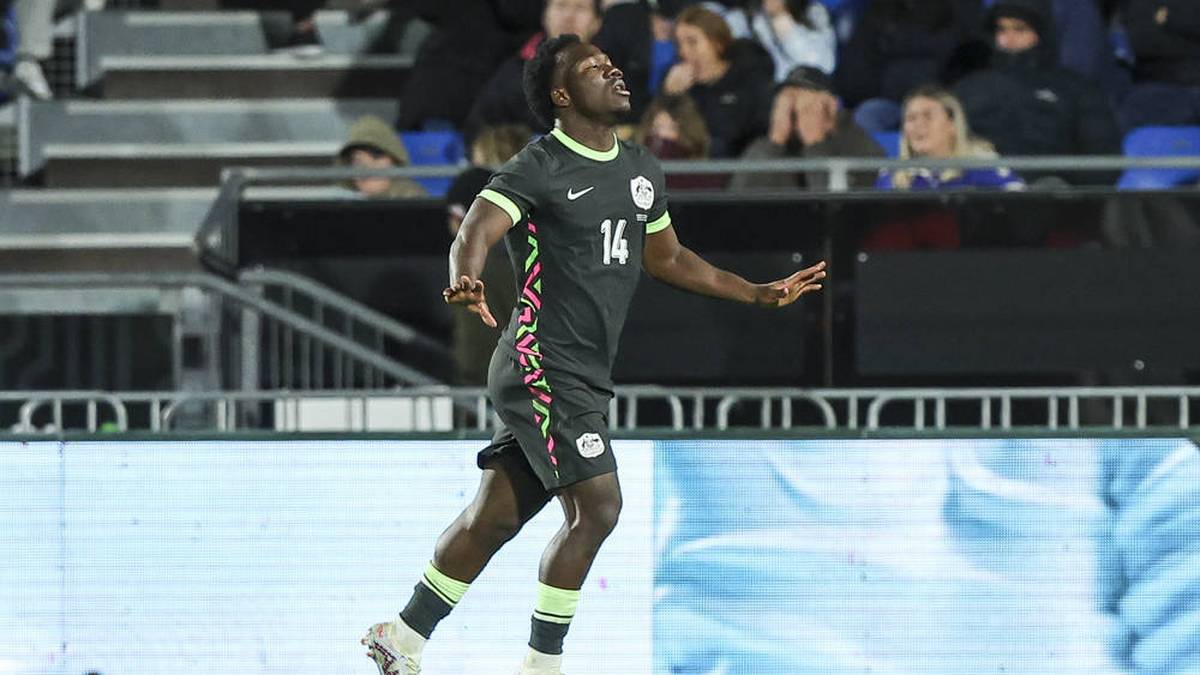 Nestory Irankunda Celebrates his goal for Australia Against New Zealand