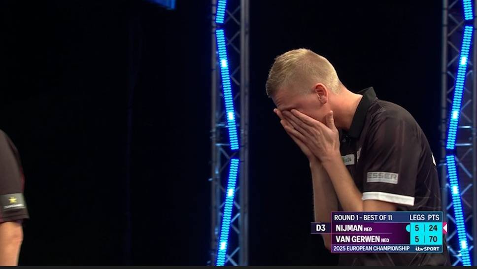 Michael van Gerwen wins the first-round match of the European Championship against Wessel Nijman in a decider and is lucky that Nijman fails to land his match darts on the board.