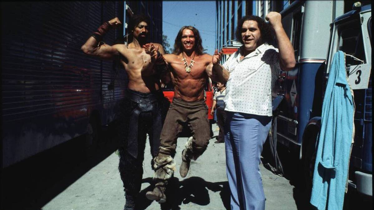 Wilt Chamberlain, Arnold Schwarzenegger and André the Giant on the Conan set